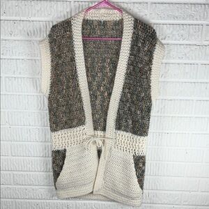 Handmade Cozy Two-Tone Knit Sleeveless Cardigan - Cream & Brown
